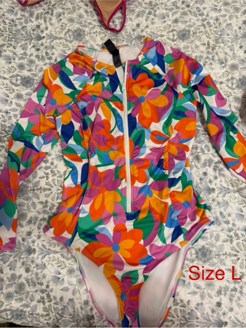 Long Sleeve Floral Zip One-Piece Swimsuit